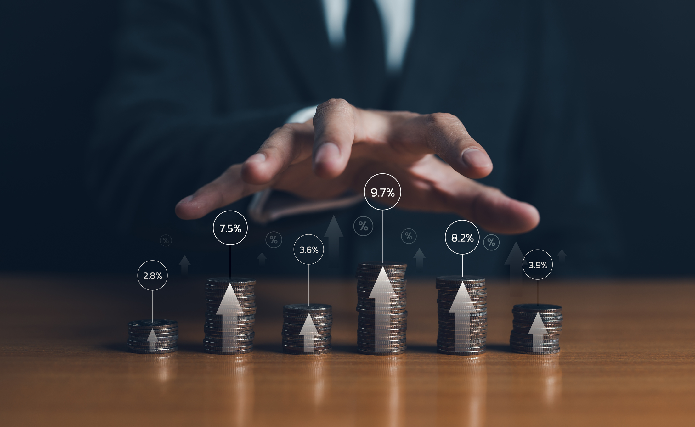 Coins with digital financial percentage indicators